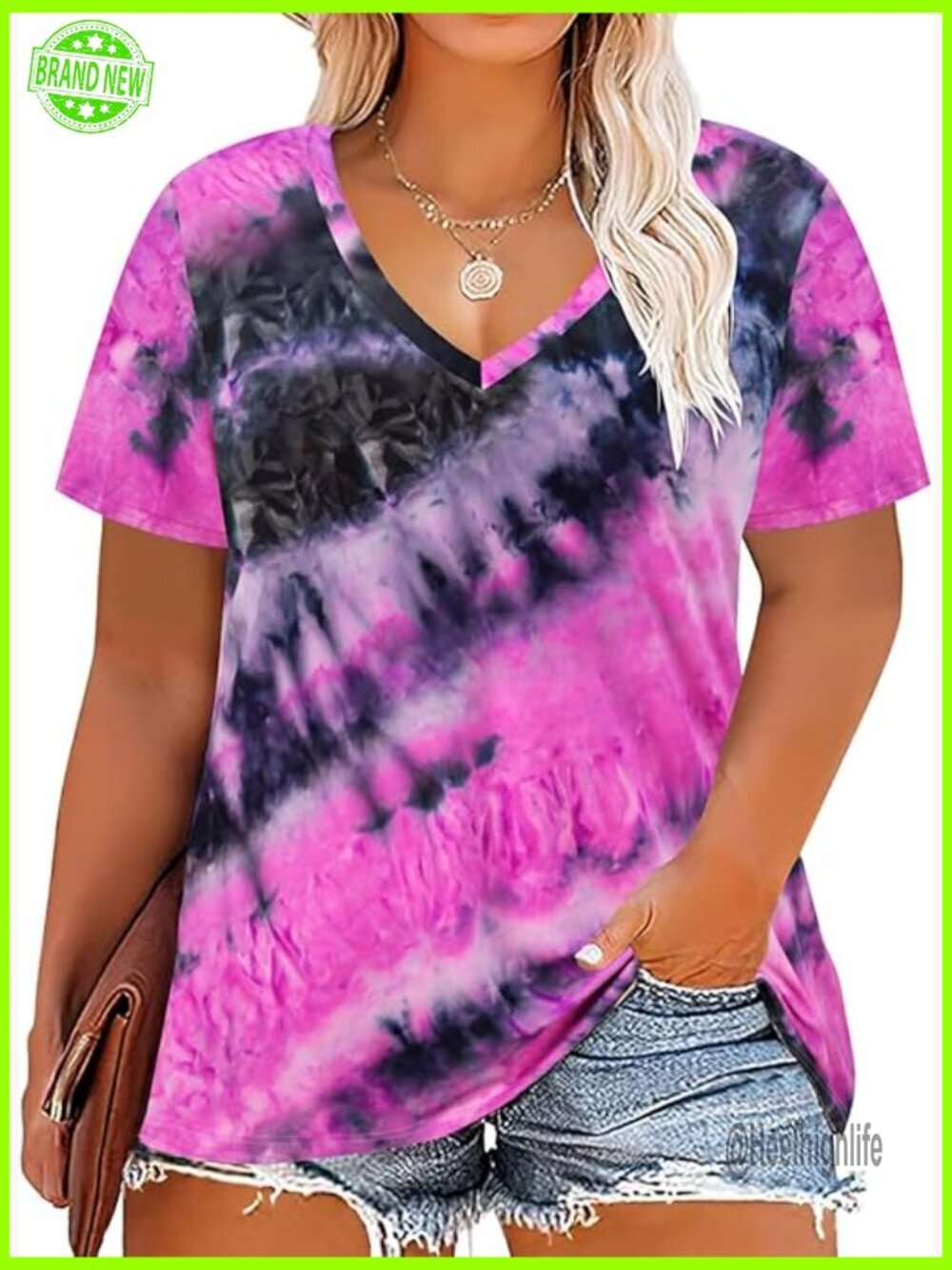 Plus Size V-Neck Tunic Top Short Sleeve Loose Fit Summer Blouse